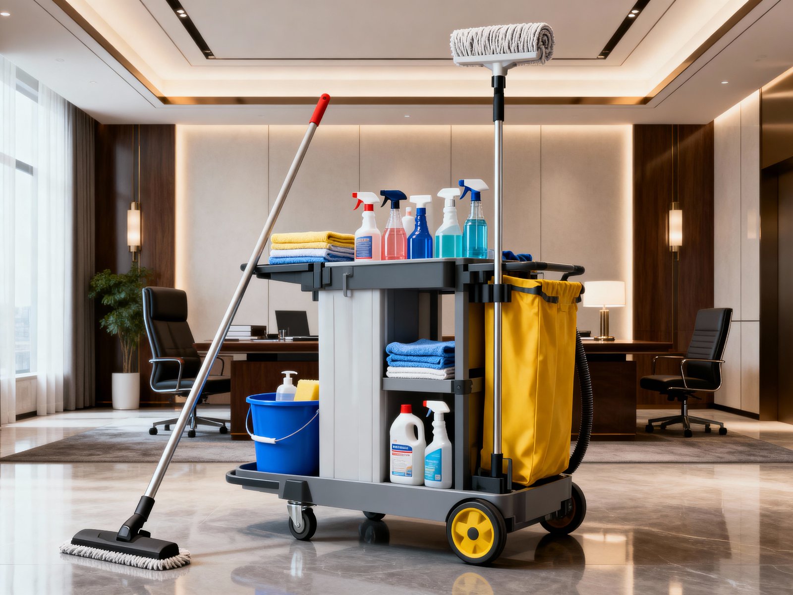 Professional housekeeping trolley with cleaning supplies