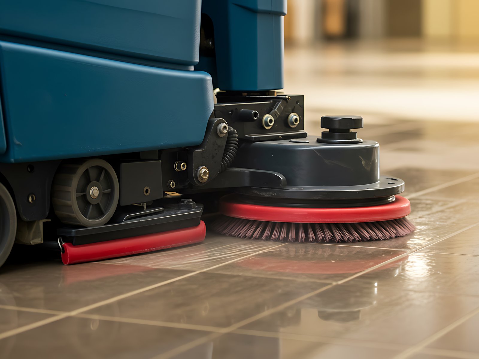 Industrial floor scrubber machine cleaning a tiled floor